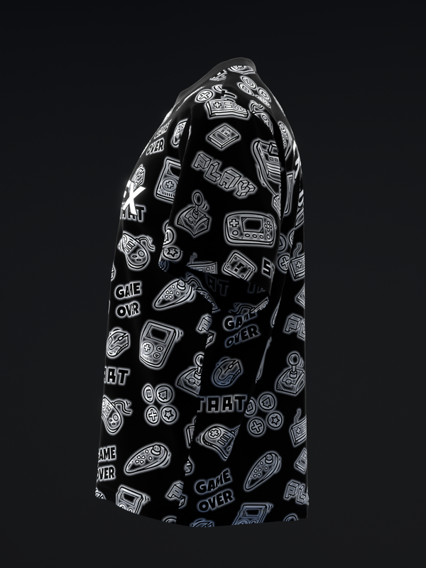 Black bowling jersey with white retro gaming and arcade graphic pattern throughout