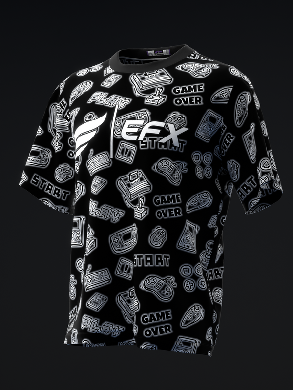 Black bowling jersey with white gaming and arcade graphic print throughout