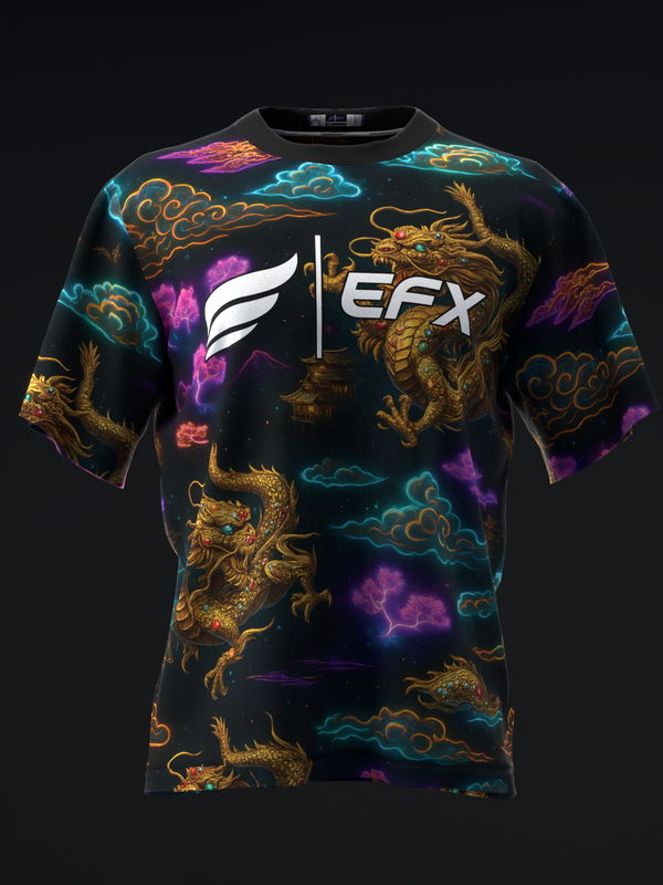 Black bowling jersey with gold dragons, cyan clouds, and purple lightning pattern, front view