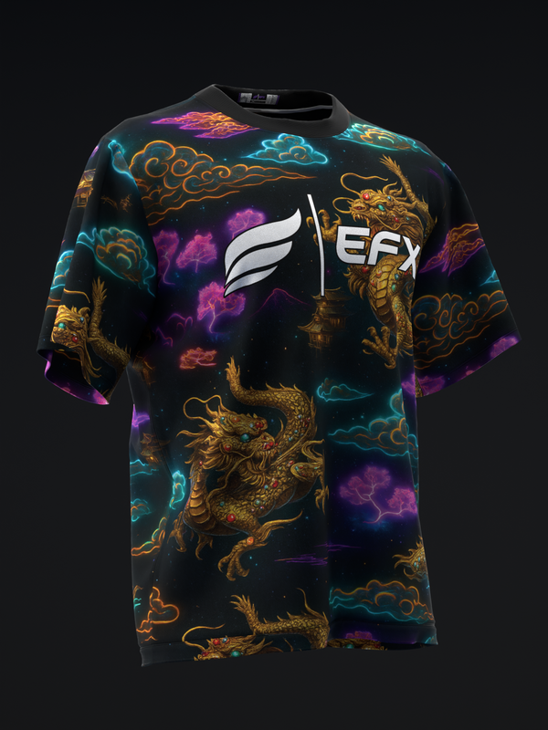 Black bowling jersey with gold dragons, cyan clouds, and purple energy pattern front view