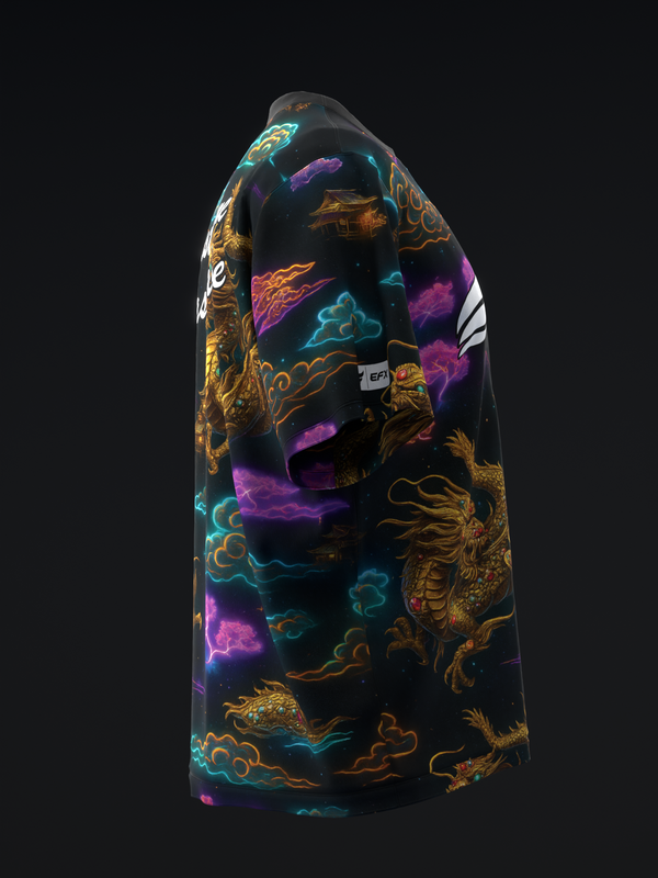 Black bowling jersey with gold dragons, cyan clouds, and purple lightning graphic design
