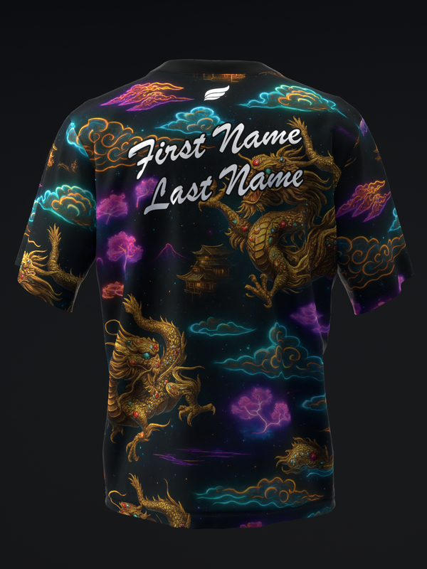 Black bowling jersey with gold dragons, cyan and purple clouds, personalized name text