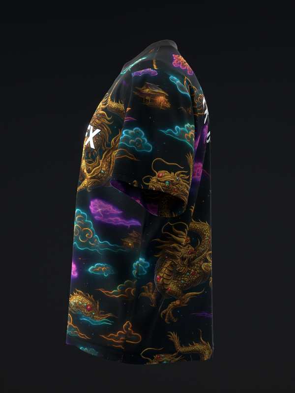 Black bowling jersey with vibrant neon dragon and cloud motifs, front view