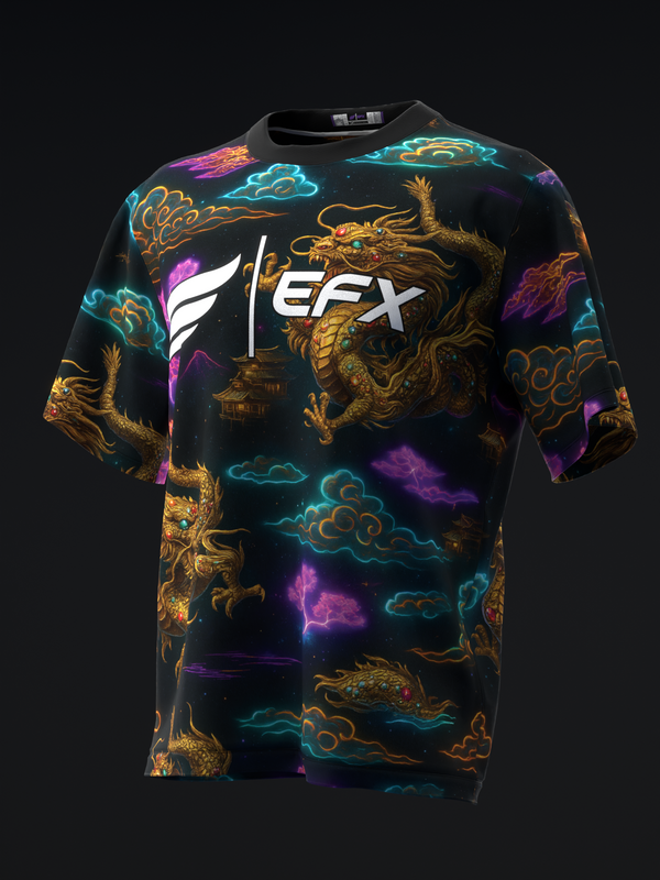 Black bowling jersey with gold dragons, cyan clouds, and purple lightning design