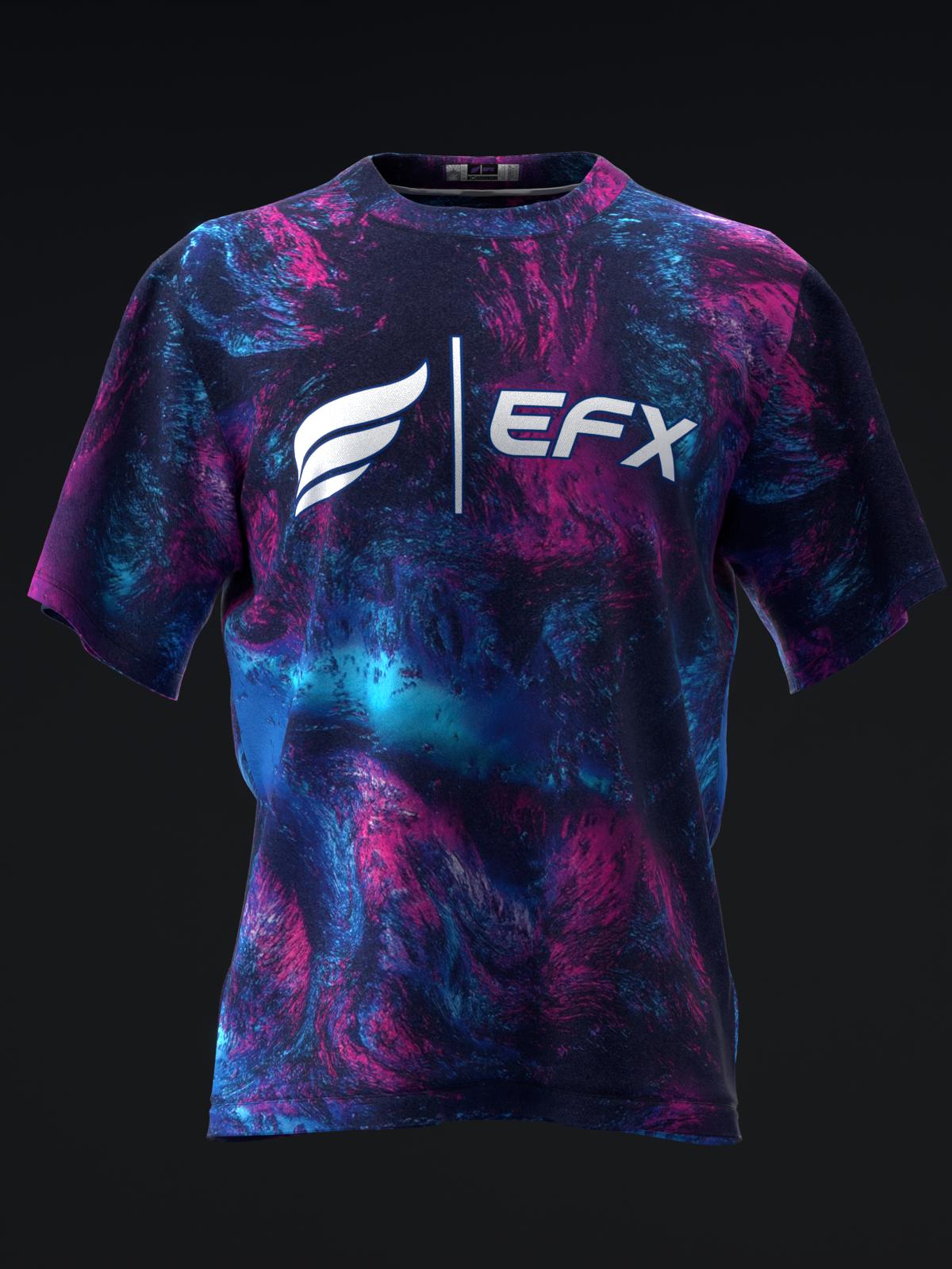 Front view of bowling jersey with cyan and magenta tie-dye pattern, EFX logo