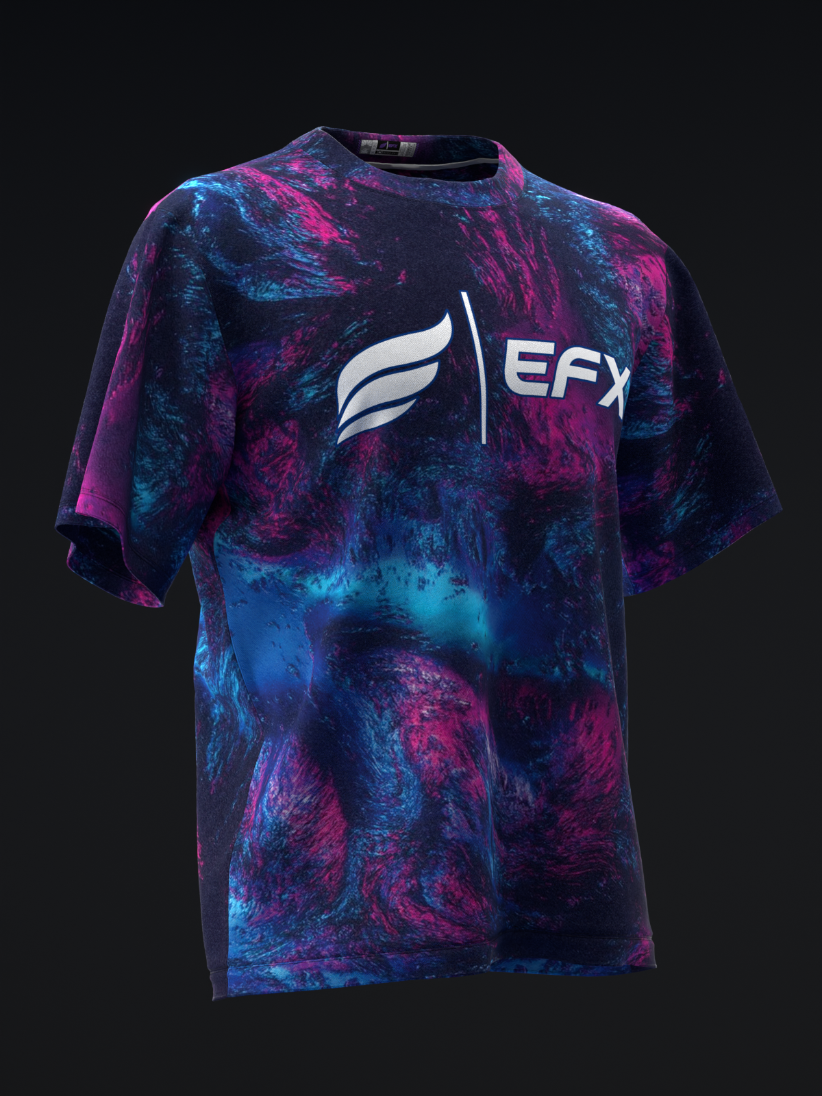 Front view of bowling jersey with blue and pink tie-dye pattern and EFX logo