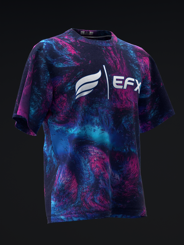 Front view of bowling jersey with blue and pink tie-dye pattern and EFX logo