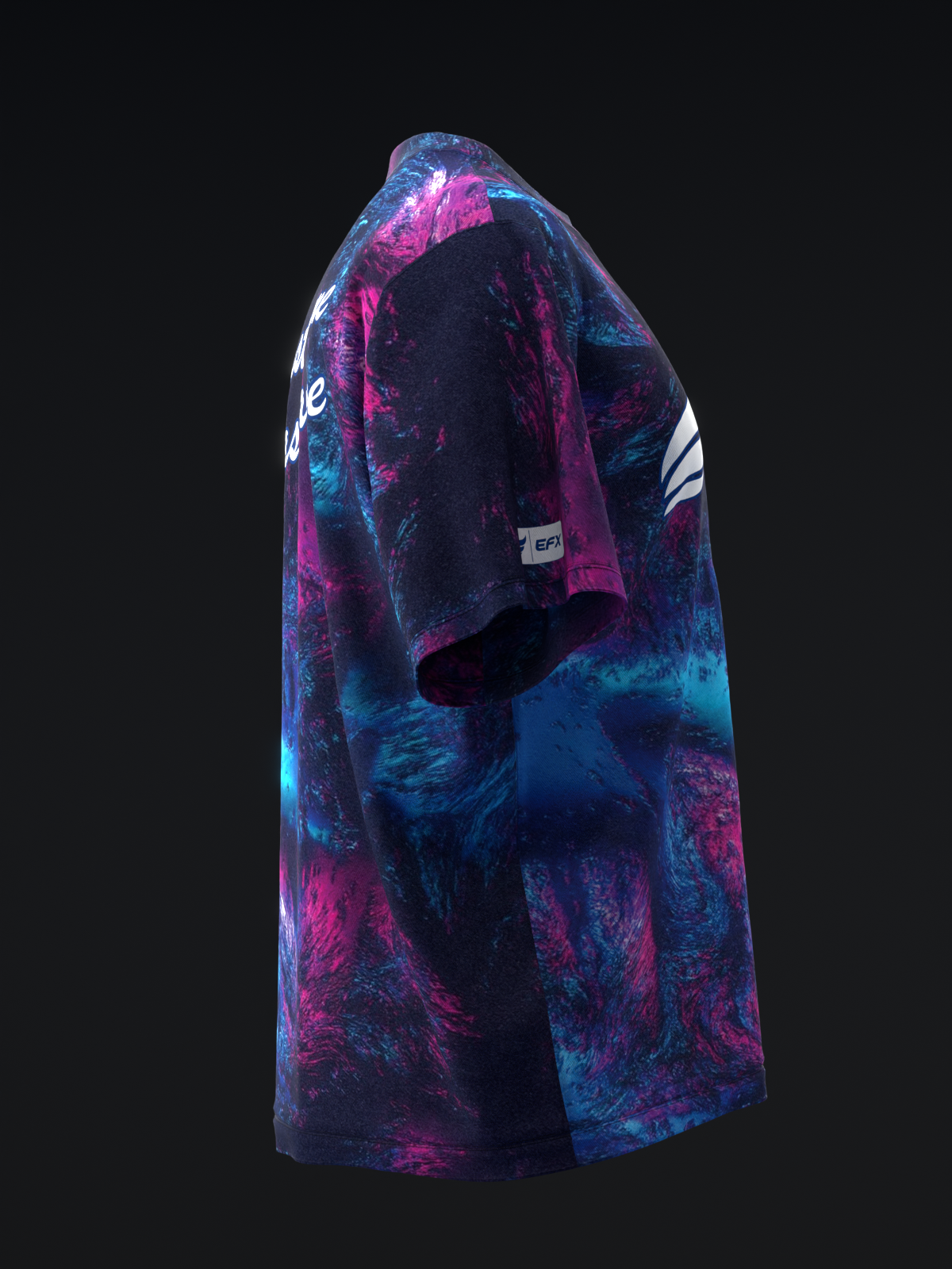 Blue and magenta galaxy print bowling jersey, side view with white stripe detail