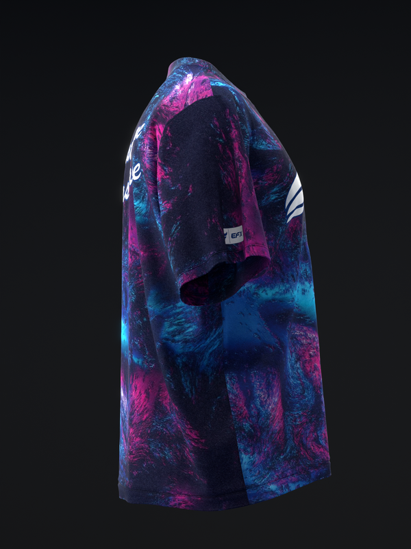 Blue and magenta galaxy print bowling jersey, side view with white stripe detail