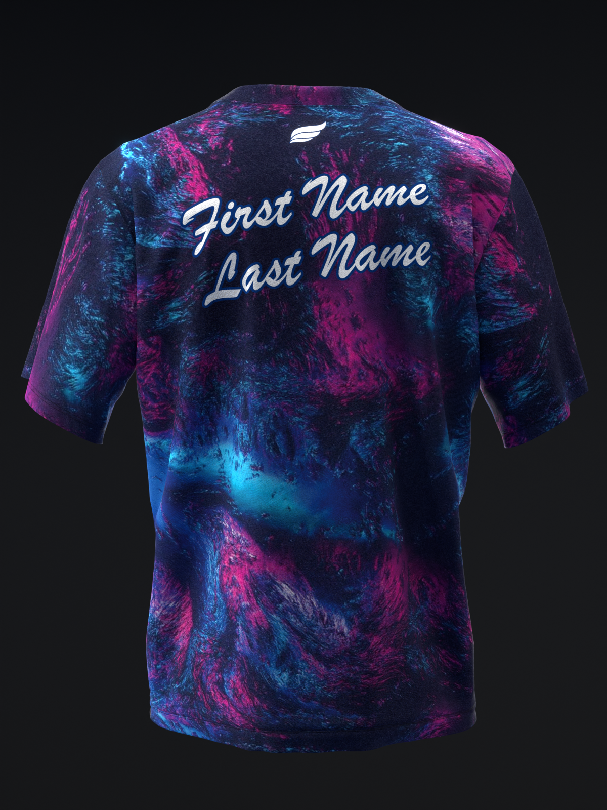 Bowling jersey back view with blue and pink tie-dye pattern and white script text