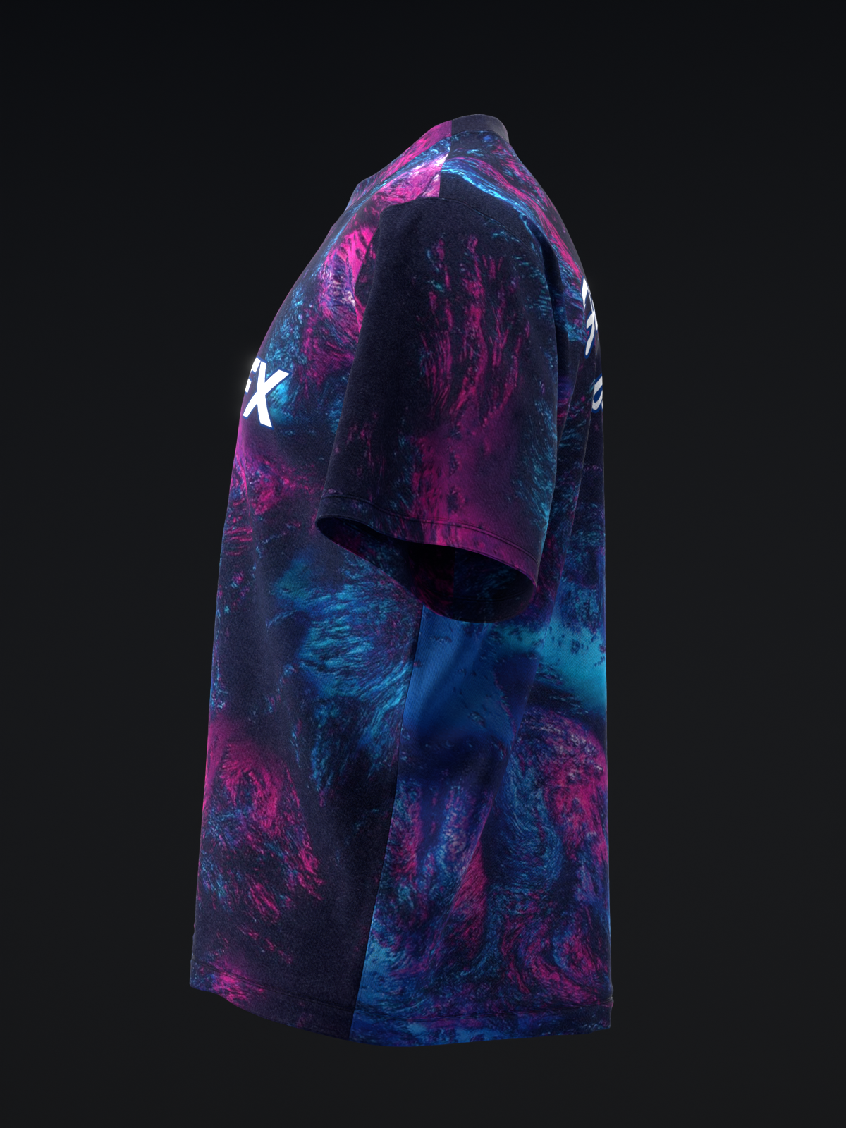 Blue and magenta abstract tie-dye bowling jersey with white accent graphic