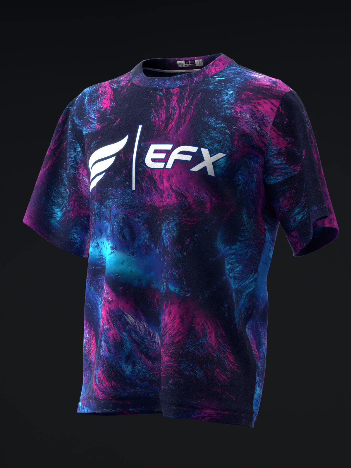 Front view of bowling jersey with blue and magenta tie-dye pattern and white EFX logo