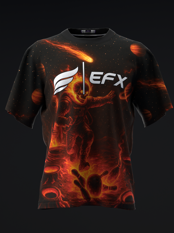 Black bowling jersey with fiery flame graphic and EFX logo on front