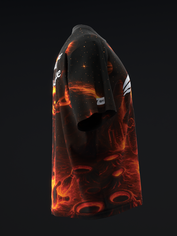 Black bowling jersey with dramatic red and orange flame graphic design