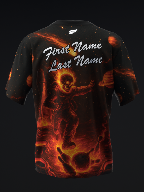 Black bowling jersey with flaming skeleton graphic and customizable name text