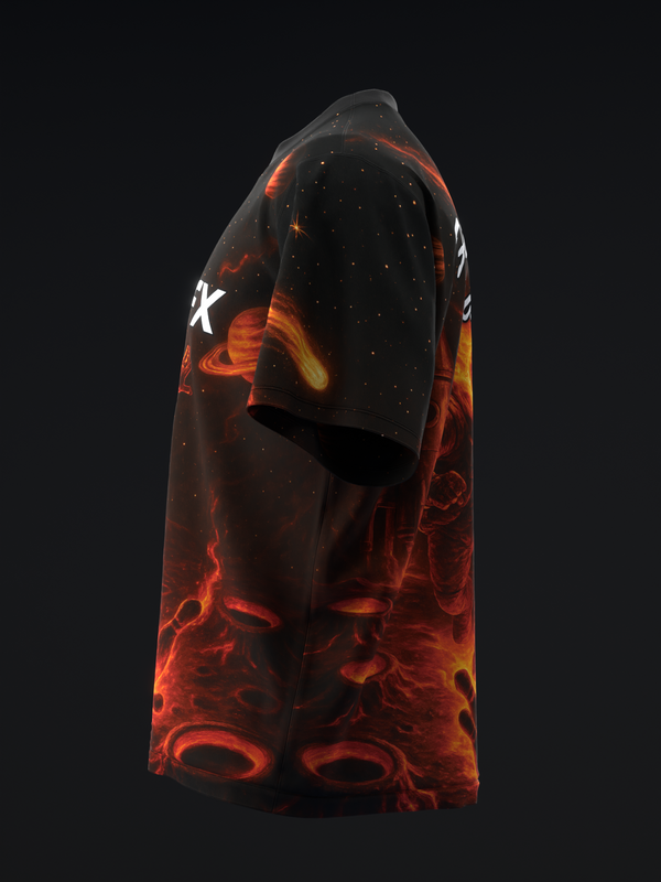 Black bowling jersey with red and orange fire graphic design, side view