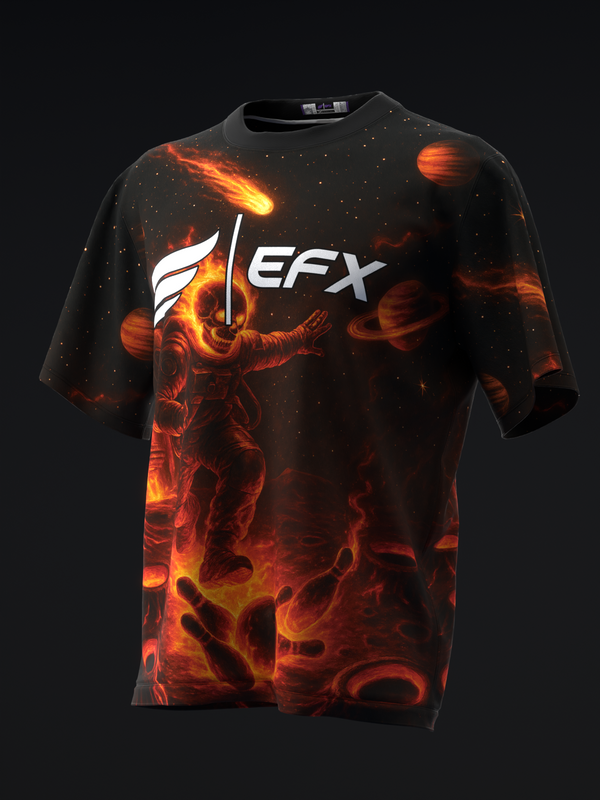 Black bowling jersey with fiery red and orange flame design and EFX logo