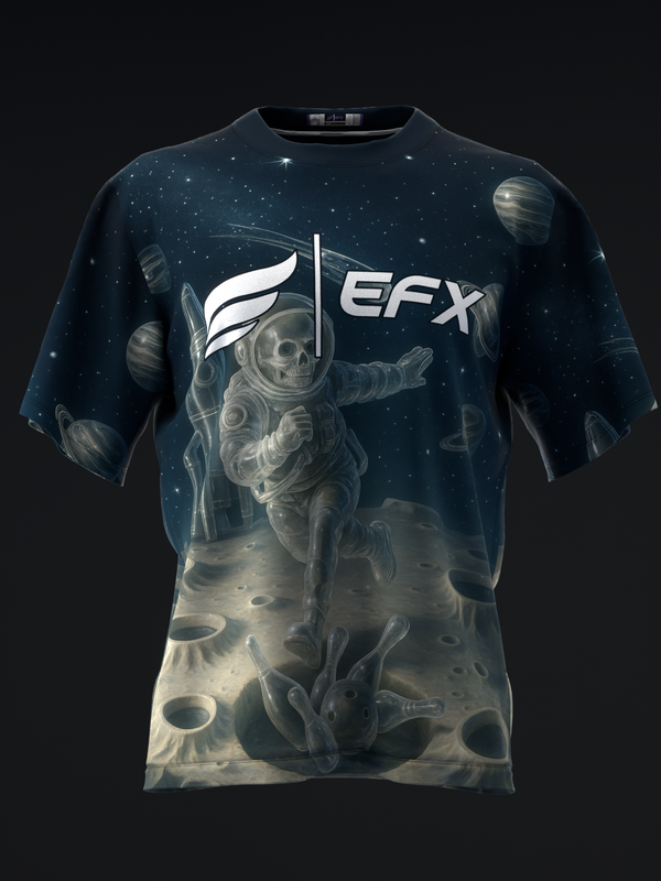 Navy bowling jersey with astronaut and planets graphic on front