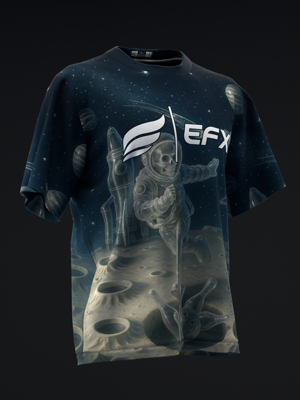 Navy bowling jersey with astronaut and bowling pin graphic on front