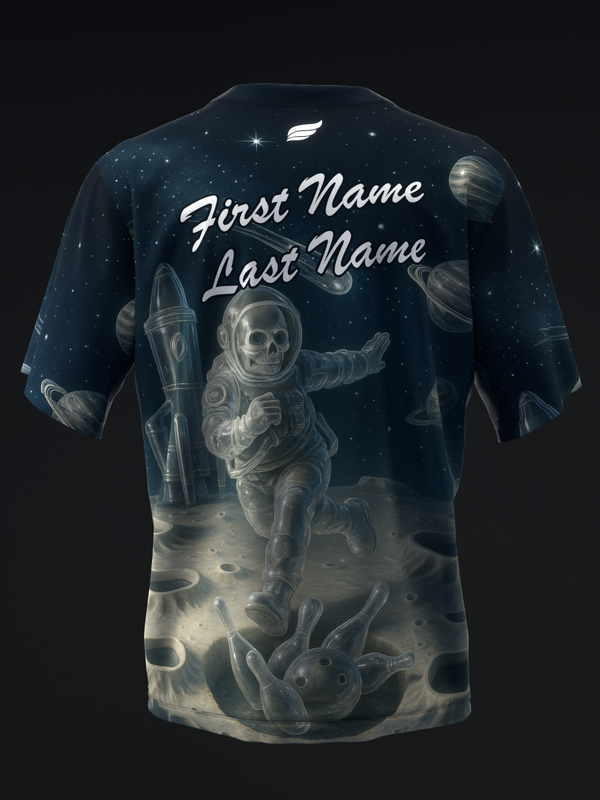 Navy bowling jersey with customizable name text and space-themed astronaut graphic
