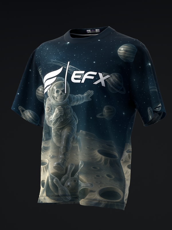 Navy bowling jersey with astronaut and planet graphic design, front view