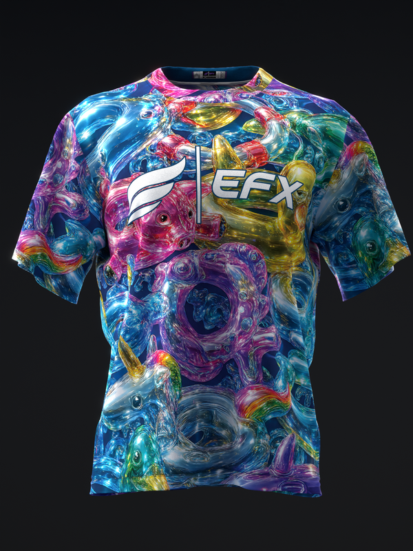 Vibrant multicolored bowling jersey with abstract swirled glass pattern and EFX logo, front view