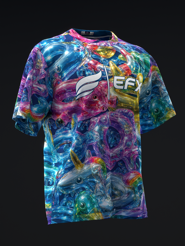 Colorful bowling jersey with vibrant abstract liquid pattern and EFX logo, front view