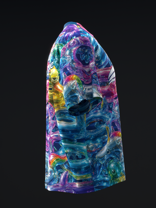 Vibrant multicolored bowling jersey with abstract swirling glass-like pattern throughout