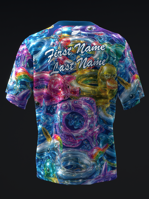 Bowling jersey with vibrant multicolored glass swirl pattern and name personalization