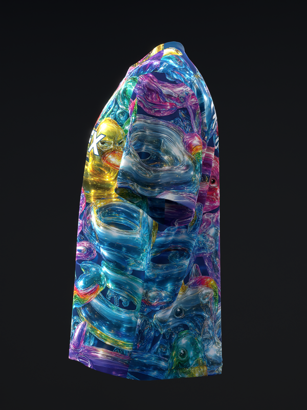 Colorful bowling jersey with abstract glass-like swirled pattern in blue, purple, yellow, and pink tones, side view