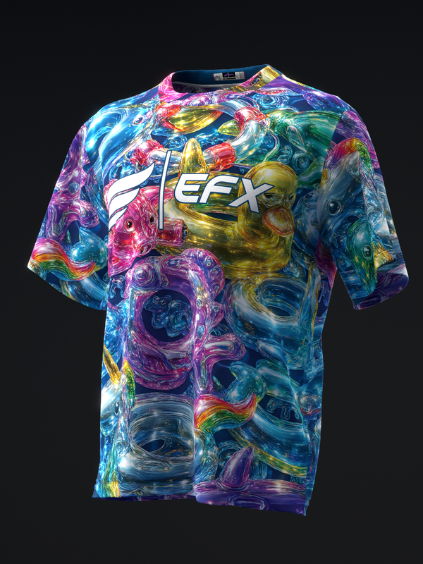 Colorful bowling jersey with vibrant swirled glass pattern and EFX logo, front view