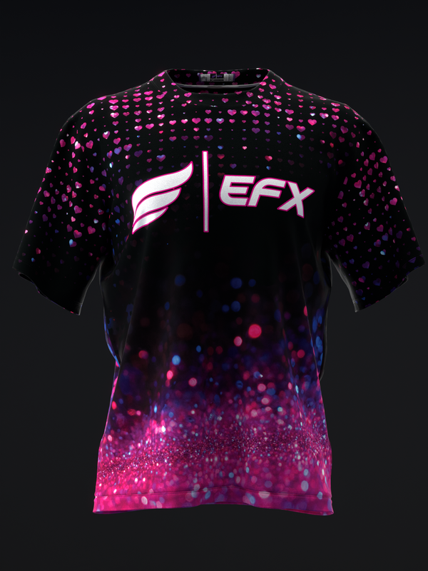 Black and hot pink bowling jersey with EFX logo and gradient sparkle pattern, front view