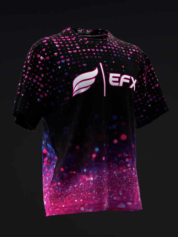 Black bowling jersey with pink and blue glitter gradient design and EFX logo