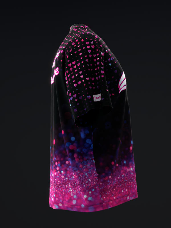 Black bowling jersey with pink glitter gradient design and side stripe detail