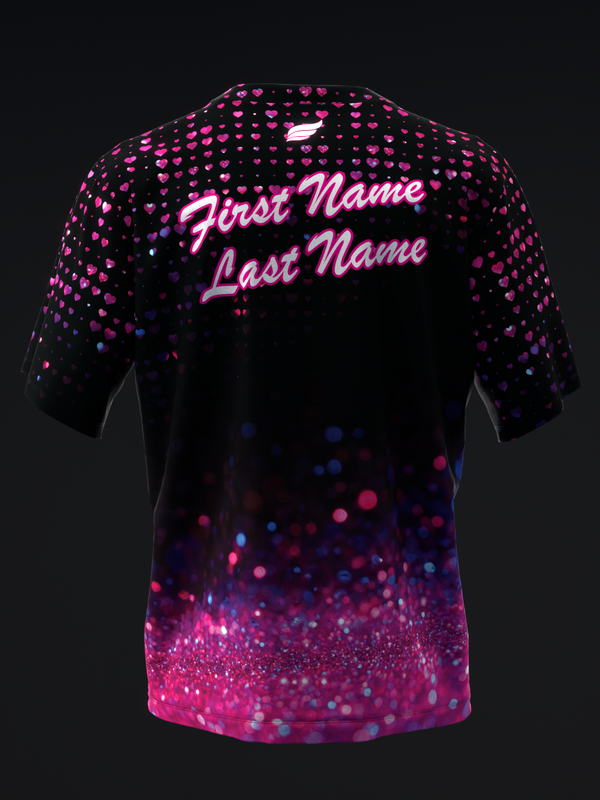 Black bowling jersey with pink glitter gradient and customizable name text back view