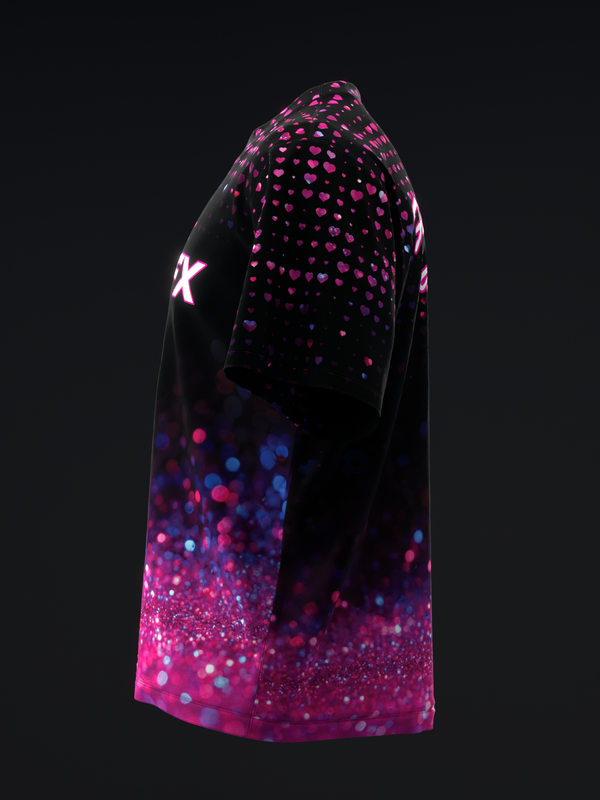 Black bowling jersey with pink and blue glitter gradient design, side view