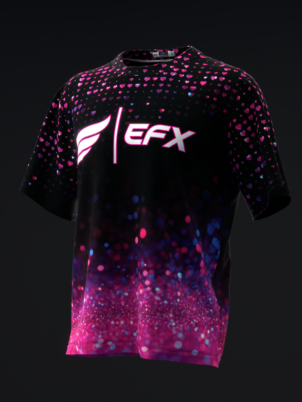 Black bowling jersey with pink and blue glitter gradient pattern and EFX logo