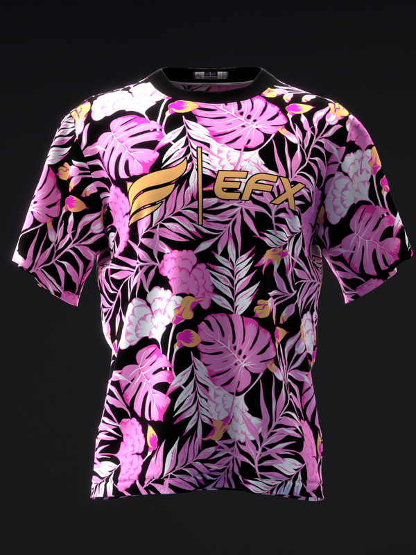 Front view of bowling jersey with neon pink hibiscus and tropical leaf print