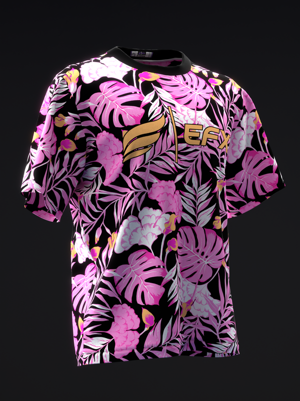 Black bowling jersey with neon pink hibiscus flowers and foliage pattern