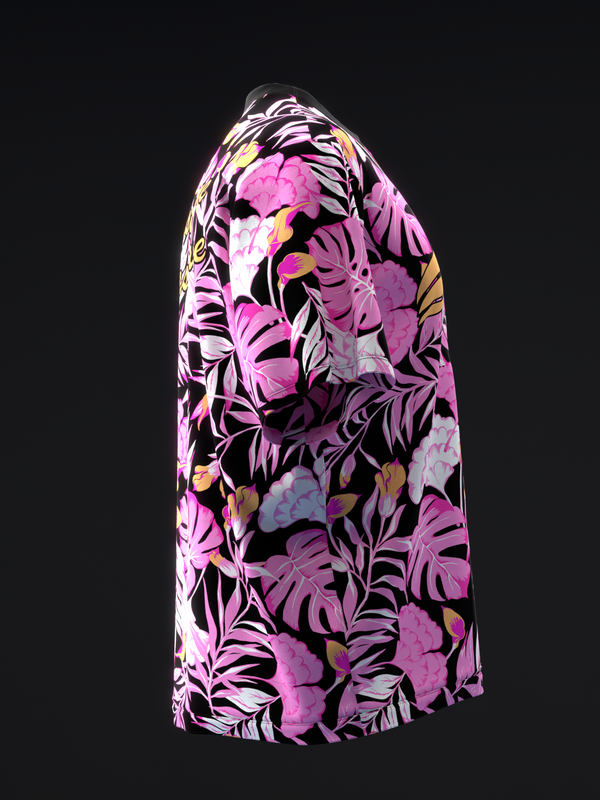 Bowling jersey with neon pink hibiscus and leaf pattern on black background
