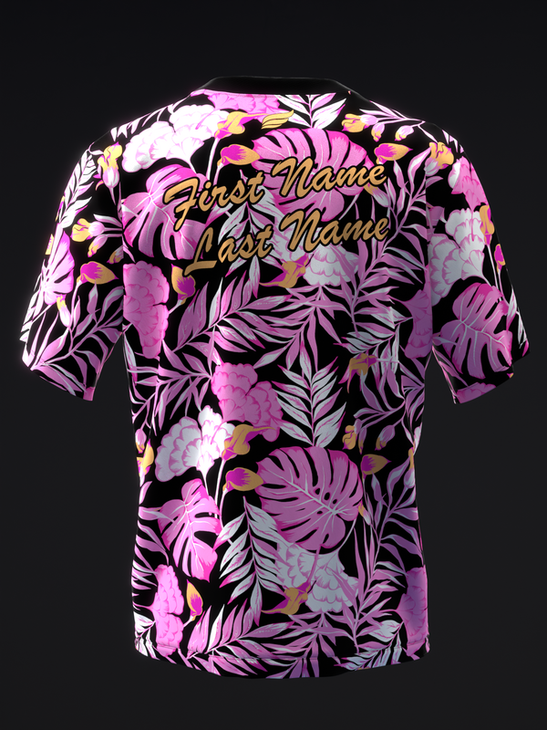 Black bowling jersey with neon pink floral and leaf print, front view