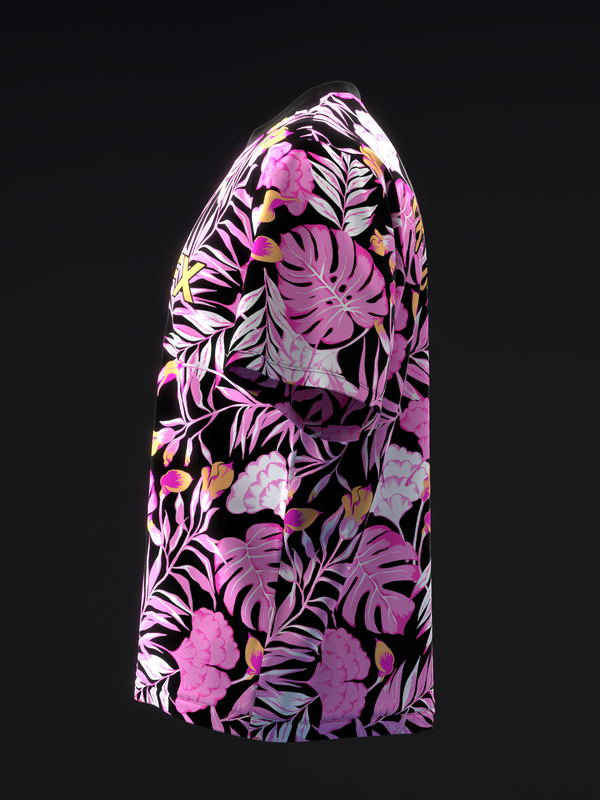 Black bowling jersey with vibrant pink and purple tropical floral pattern