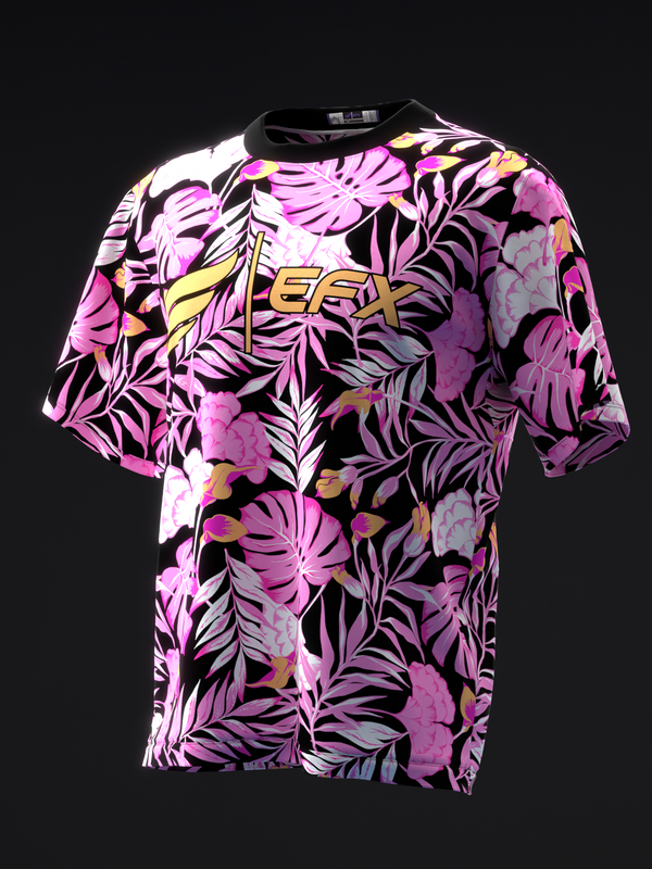 Black bowling jersey with vibrant pink and orange hibiscus floral pattern and gold EFX logo