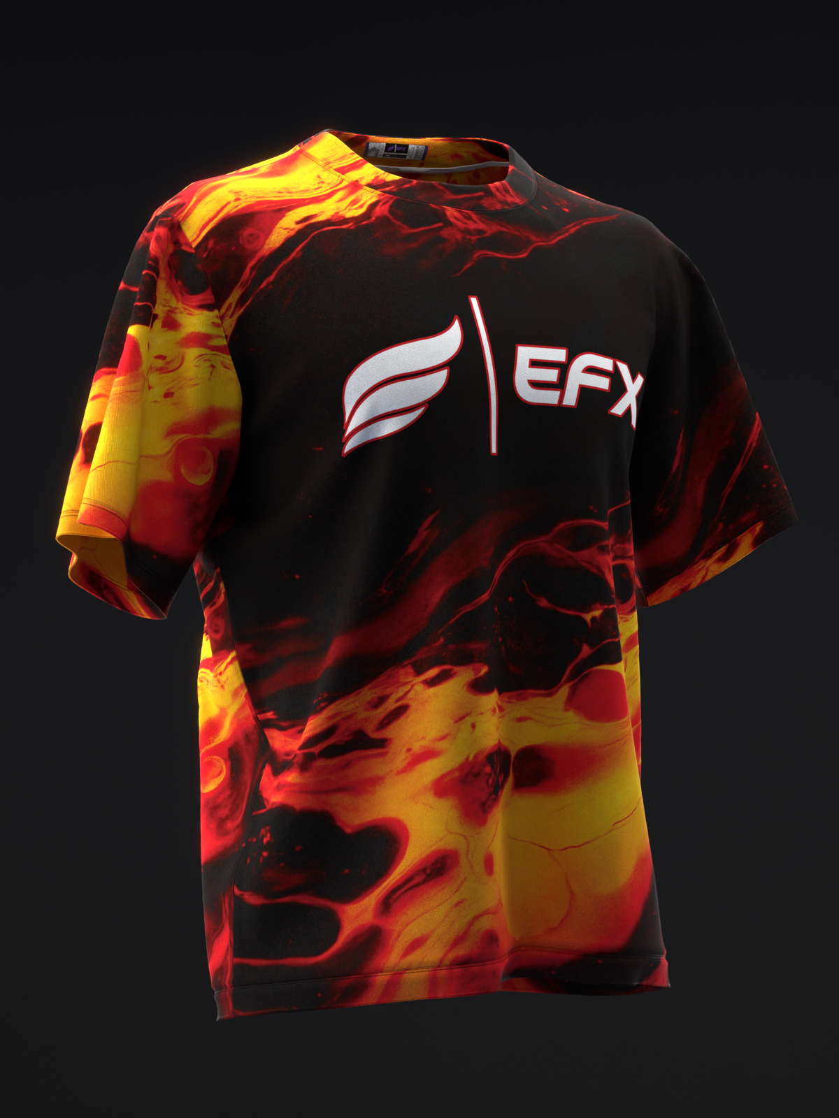 Black bowling jersey with red and yellow flame pattern and EFX logo