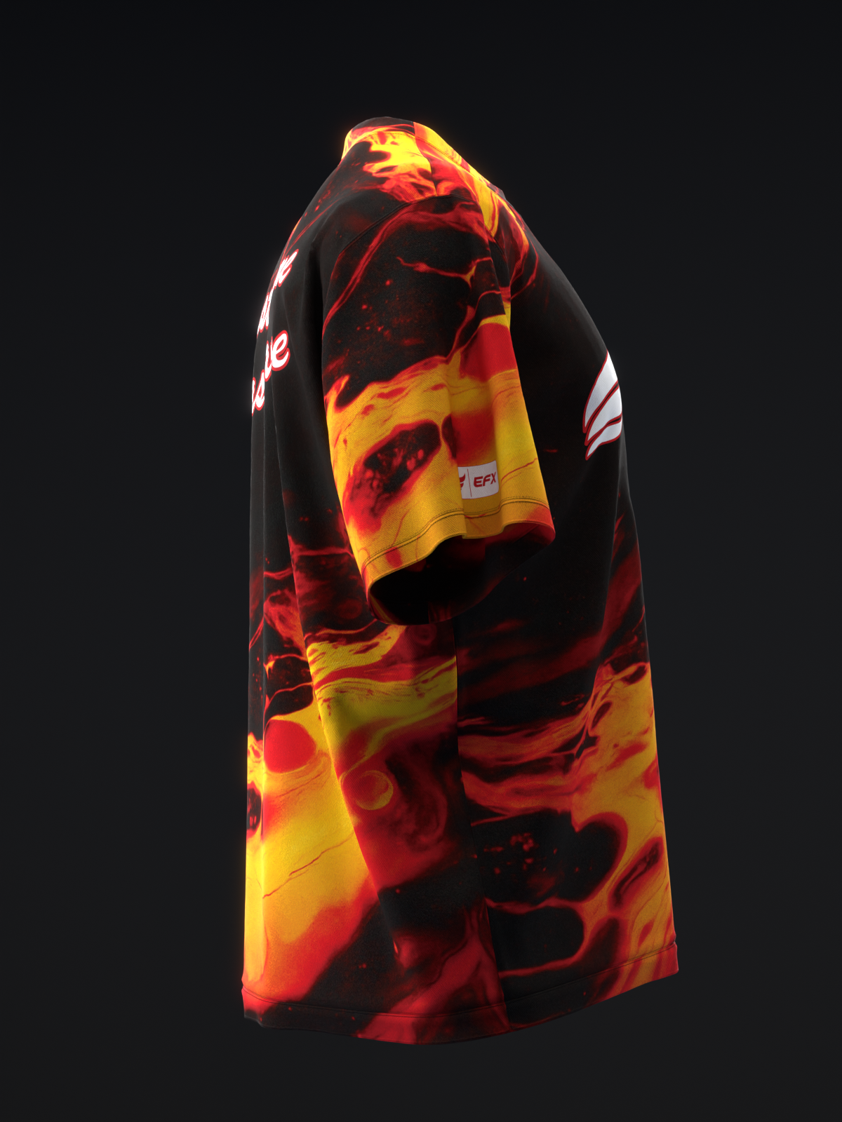 Black bowling jersey with red and yellow flame graphic design, side view