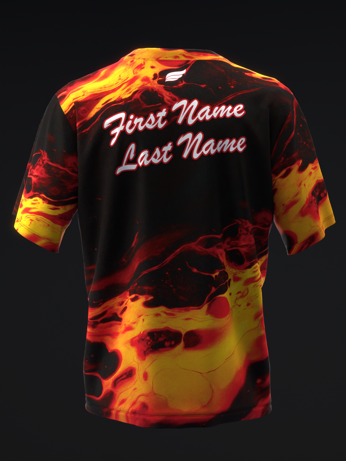 Black bowling jersey with fiery red and yellow flame pattern throughout back view