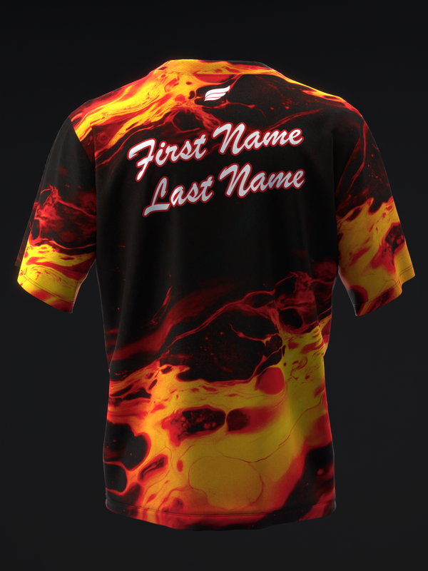 Black bowling jersey with fiery red and yellow flame pattern throughout back view