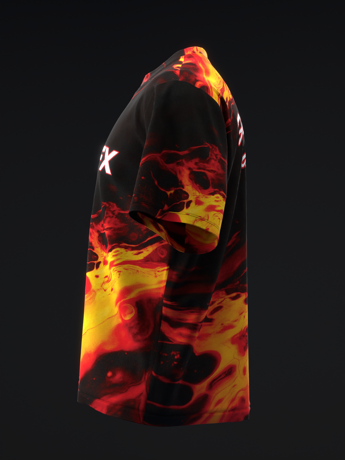 Black bowling jersey with vibrant red and yellow flame graphic design
