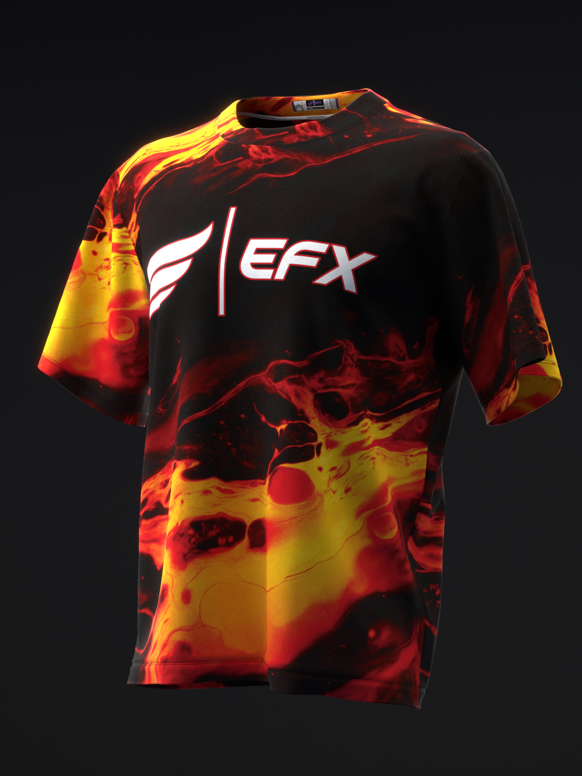 Black bowling jersey with flame graphic in red and yellow, EFX logo on front