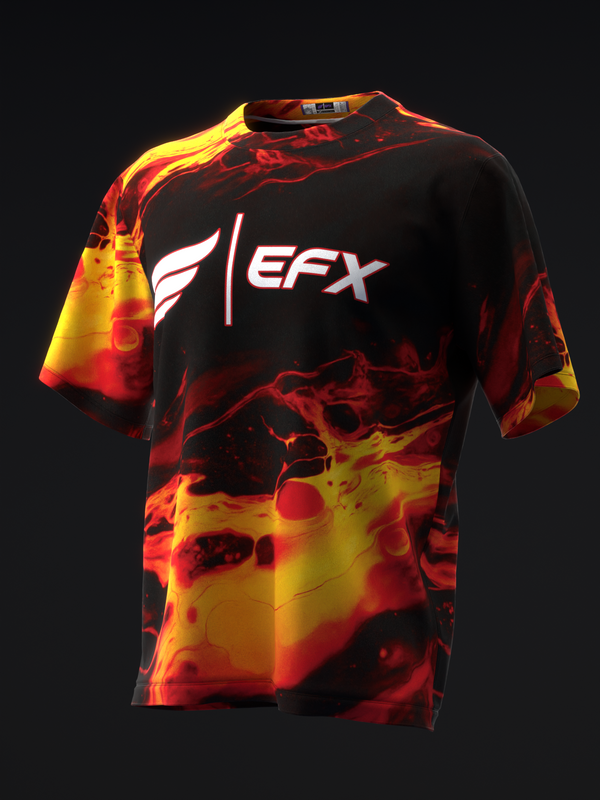 Black bowling jersey with flame graphic in red and yellow, EFX logo on front